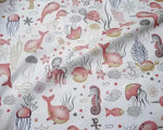 tissu coton imprimé thème marin poissons coquillages enfants blanc rose bleuclair vert