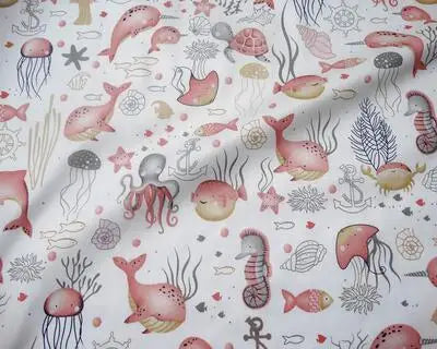tissu coton imprimé thème marin poissons coquillages enfants blanc rose bleuclair vert