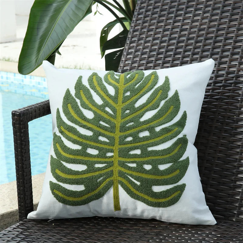 coussin carré moderne motif feuilles tropicales brodé polyester 45x45cm décoration maison voiture