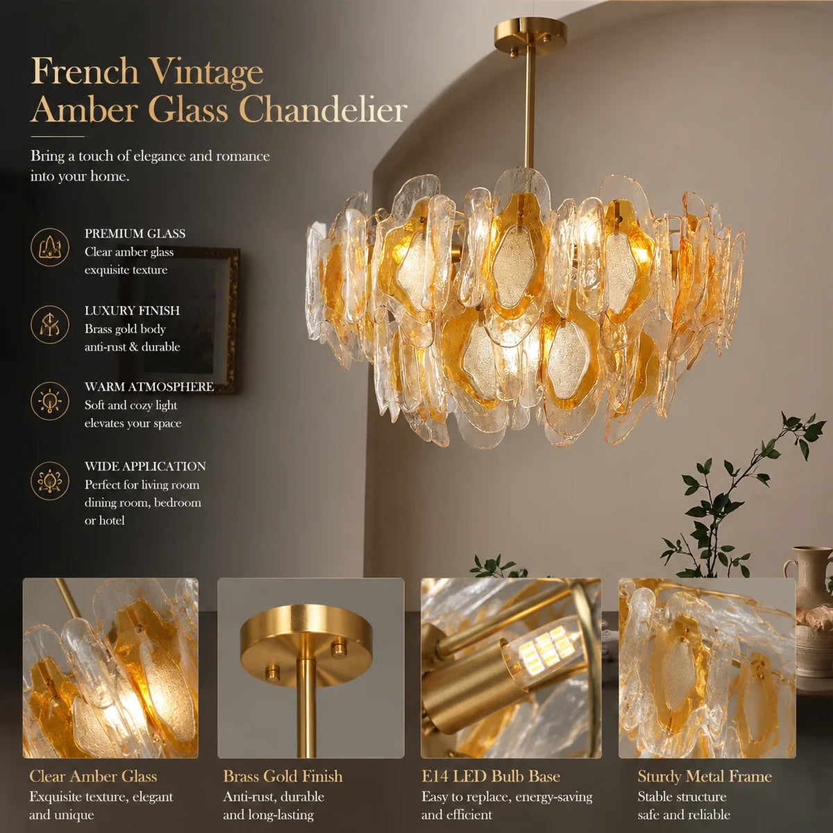 lustre pendentif transparent ambre métal vintage élégant dimmable led 90 260v 249 2000lm