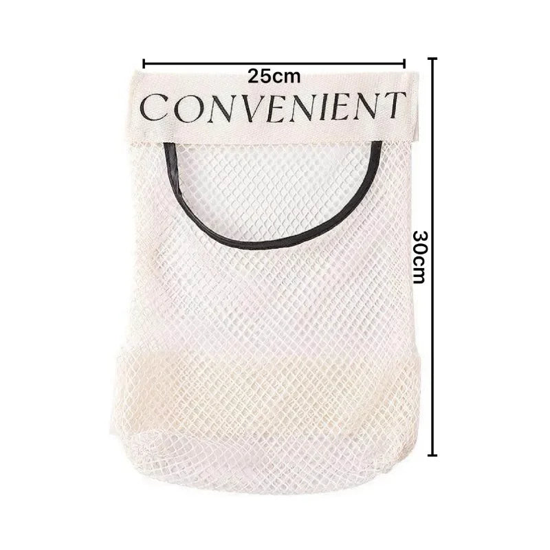 sacs rangement polyester muraux adhésifs velcro blanc beige noir minimalistes translucides mailles tissées 25x30cm