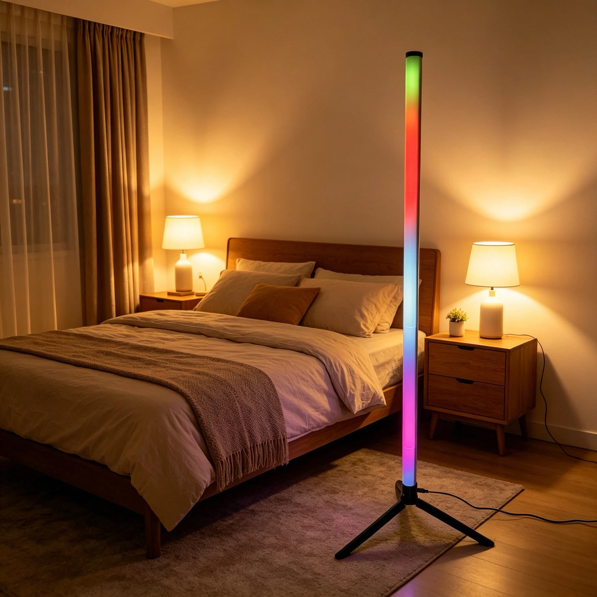 lampe sol led rgb blanc multicolore moderne télécommande minimaliste fixée trépied chambre salon