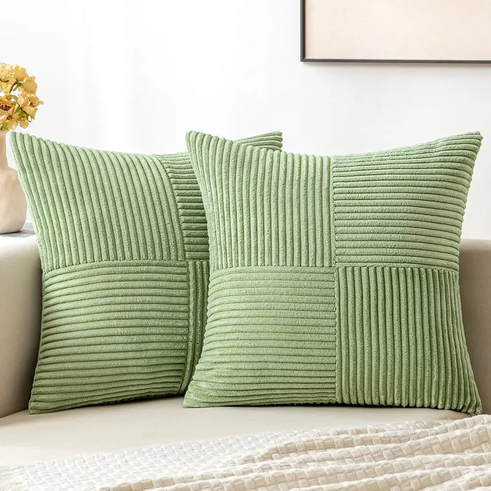 housse coussin velours côtelé rayures horizontales décorative moderne lit canapé salon bleu beige