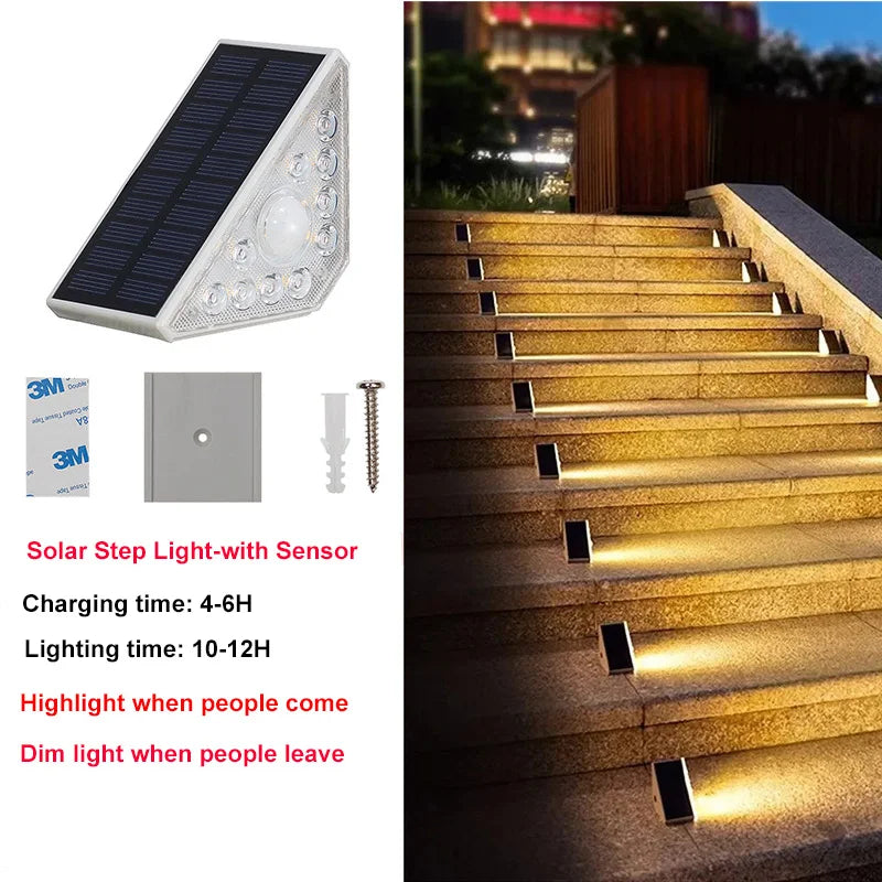 éclairage escalier solaire led sensor moderne noir blanc doré auto installationextérieur patio cour allée