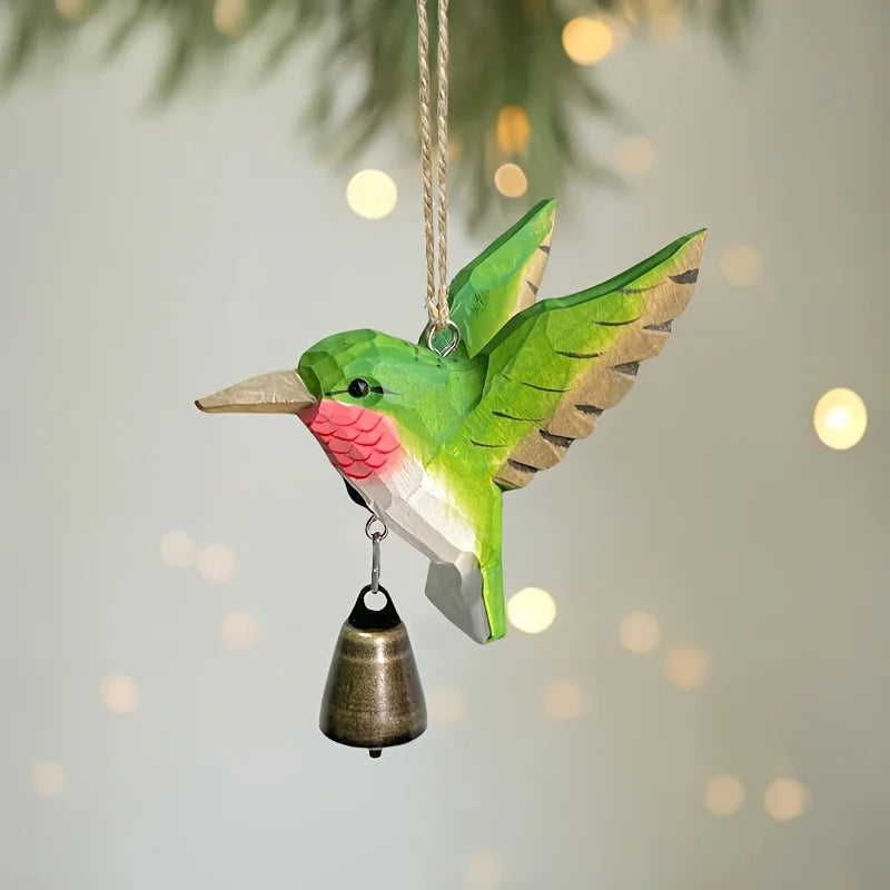 pendentif oiseau suspendu bois artisanal cloche métallique vert rose marron origami rustique