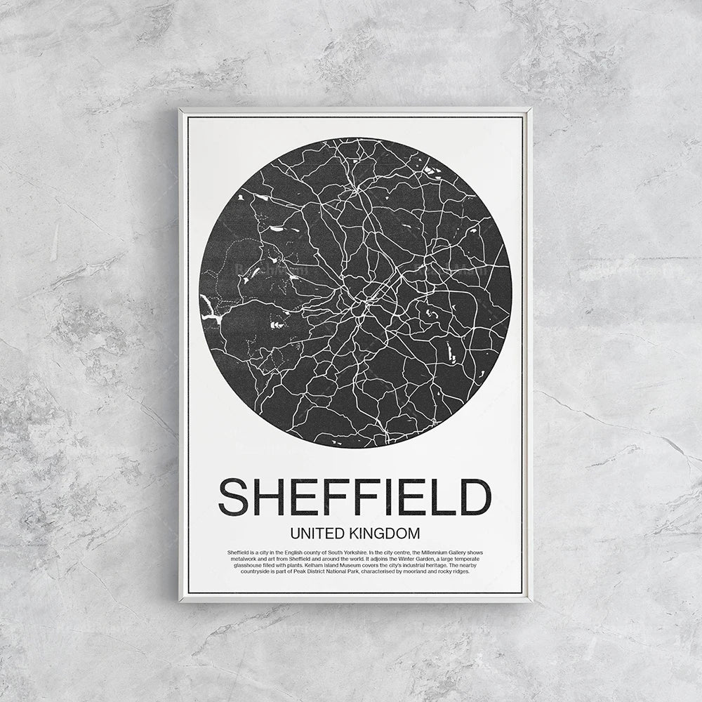 Affiche murale noir et blanc avec la représentation cartographique de Sheffield, au Royaume-Uni, avec une description de la ville et de ses principaux attraits touristiques.