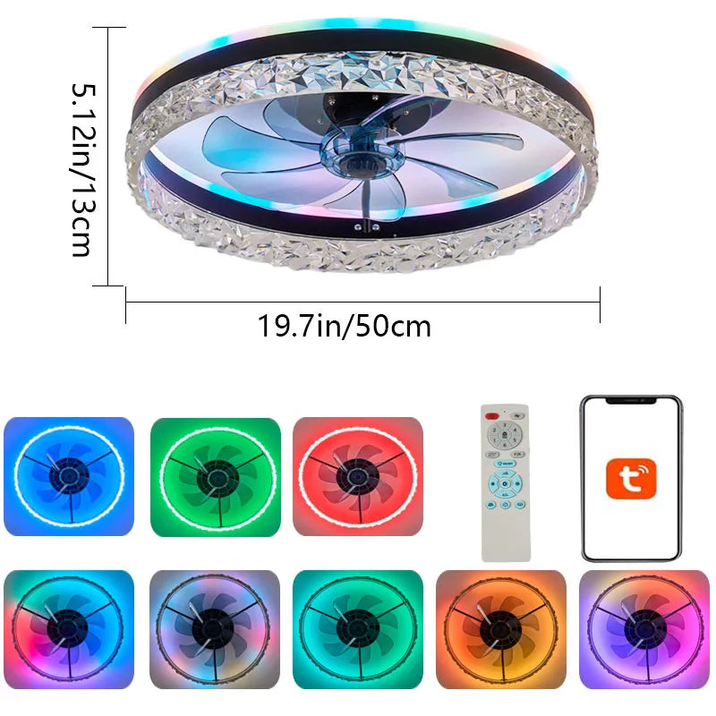 ventilateur led intelligent rvb vitesses ciel étoilé moderne cristal translucent télécommande