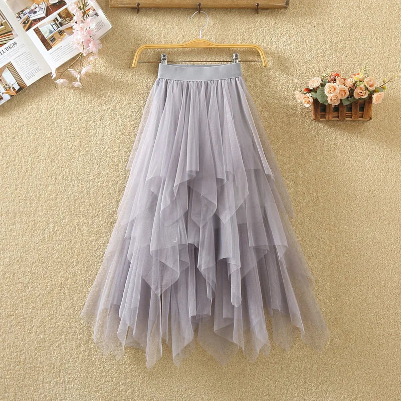 jupe tulle plissée féminine élastique printemps été rose clair gris blanc noir élégante lignemidi