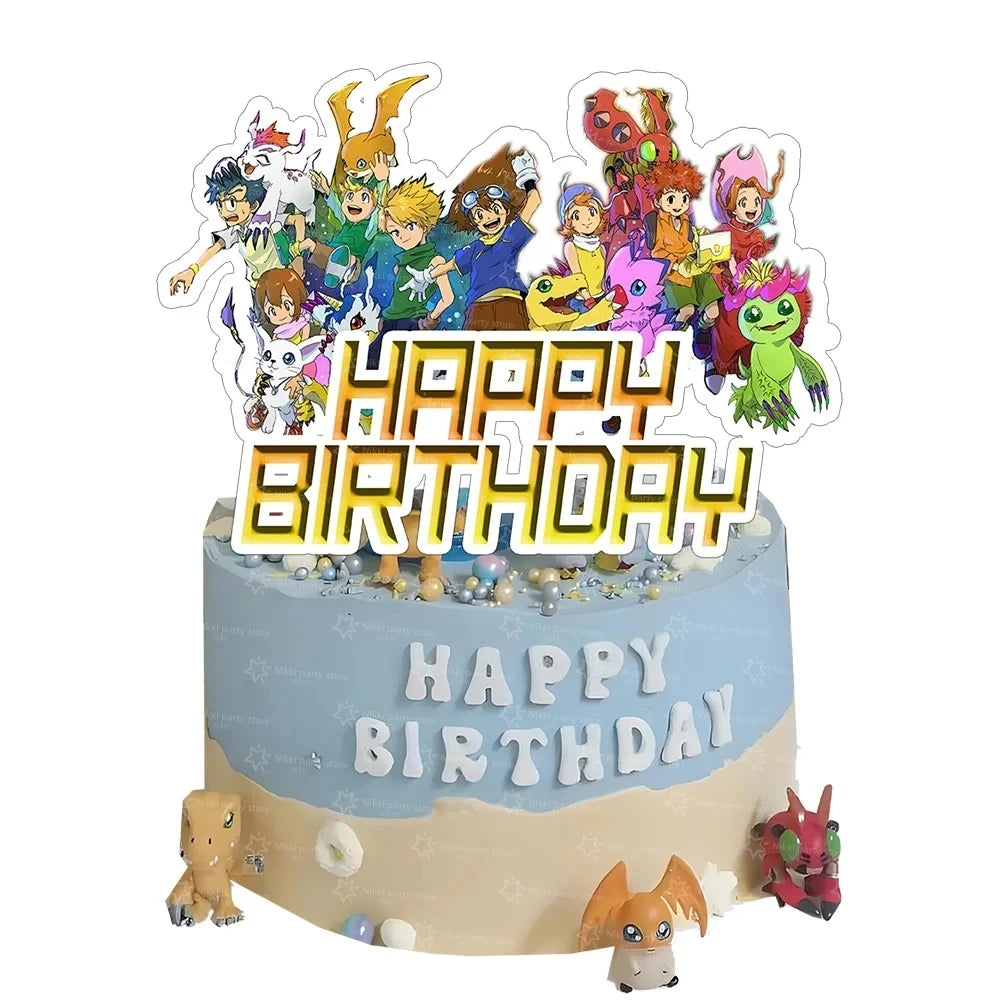 accessoires fête digimon thème anniversaire assiettes gobelets ballons guirlande decorations gâteau happy birthday