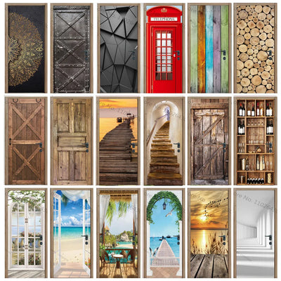 Autocollant porte 3D PVC design bois décoration intérieure