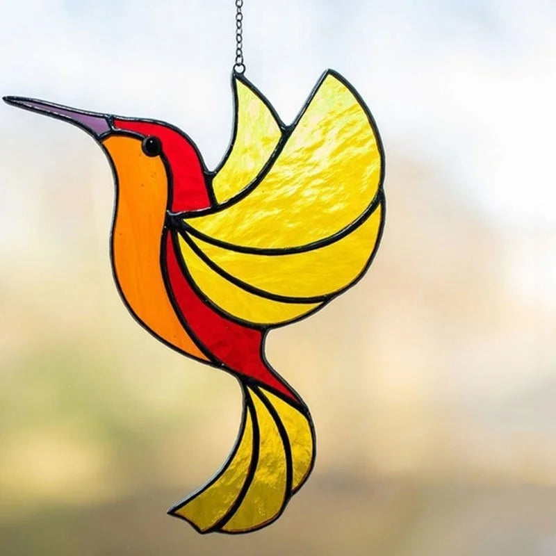 pendant oiseau suspendu vert jaune bleu artisanal tiffany motifs géométriques translucides chambre maison jardin