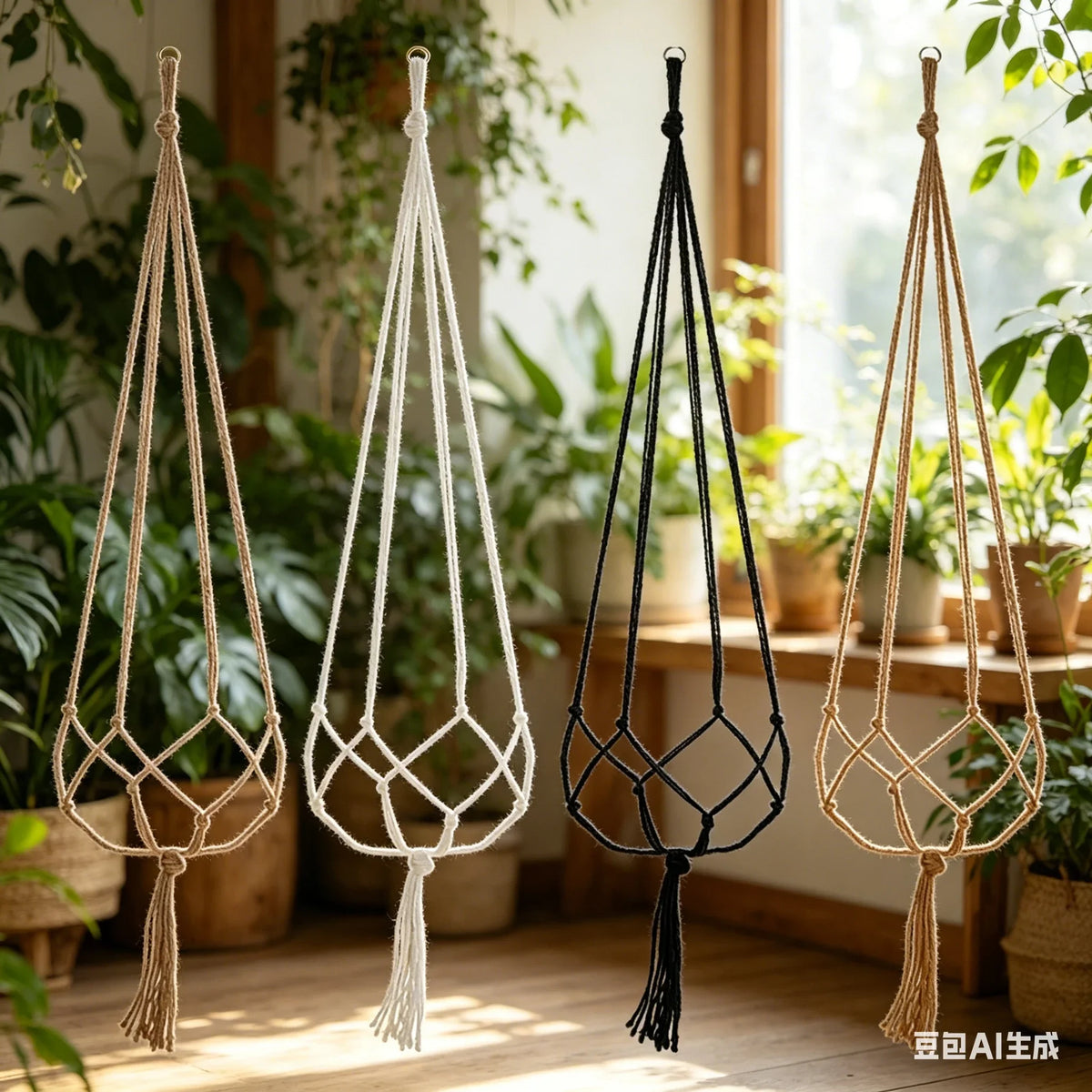 Macramé suspendu tissé main boho pots blancs plantes vertes noirs
