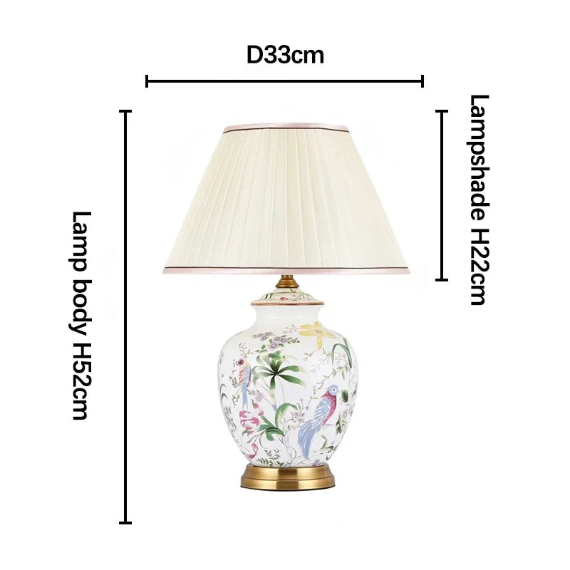 lampe table moderne abat jour fleurs oiseaux classique blanc doré vintage