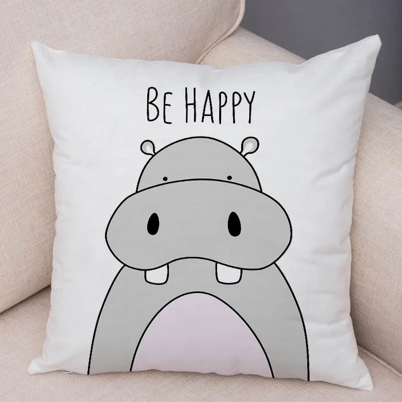 taies d'oreiller animaux girafe lion hippopotame cartoon couleurs positives be brave be unique