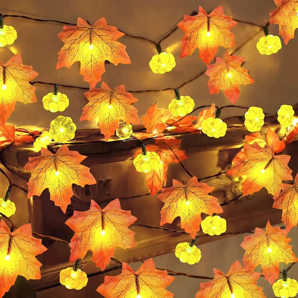 guirlande lumineuse feuilles erable citrouille orange rouge automne decoration jardin halloween led rechargeable