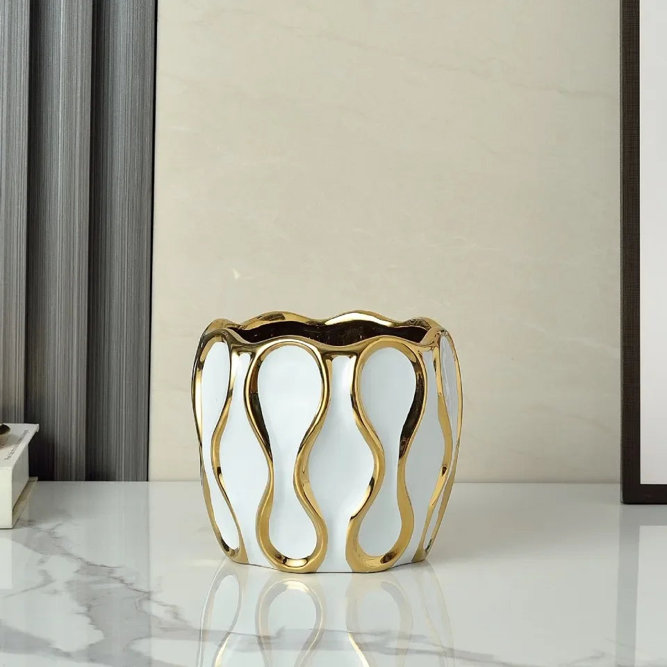 vase céramique moderne blanc or noir lignes dorées élégant décoration salon fleurs artificiellements
