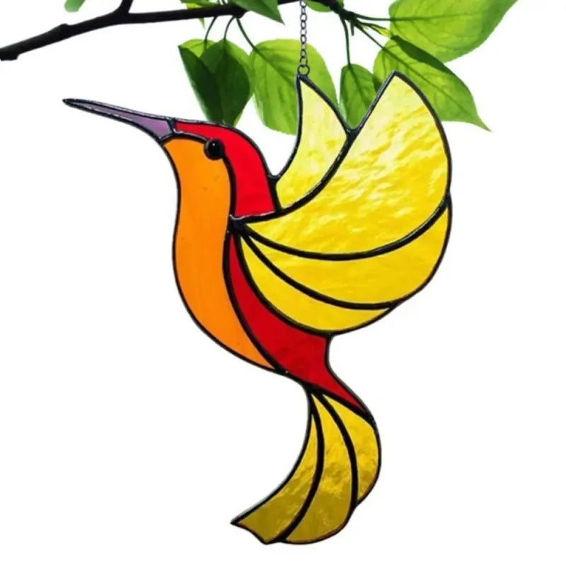 pendant oiseau suspendu vert jaune bleu artisanal tiffany motifs géométriques translucides chambre maison jardin