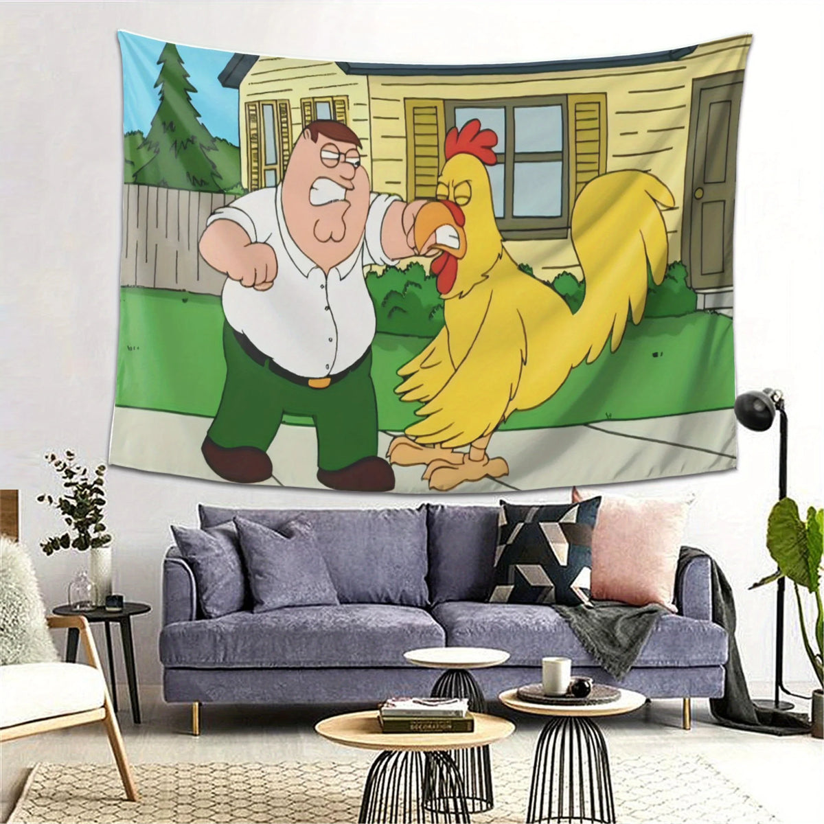 tapisserie dessin animé peter griffin poulet paysage maison durable polyester blanc vert jaune