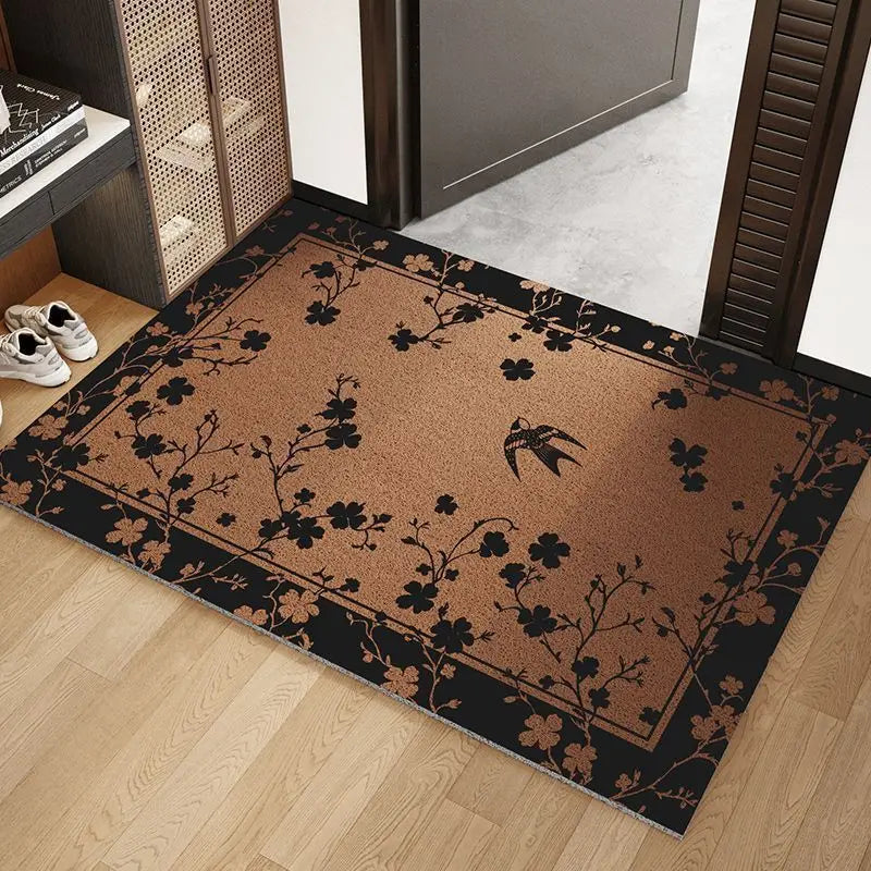 tapis antidérapant marron noir floral fleurs feuilles papillons classique couloir porte maison