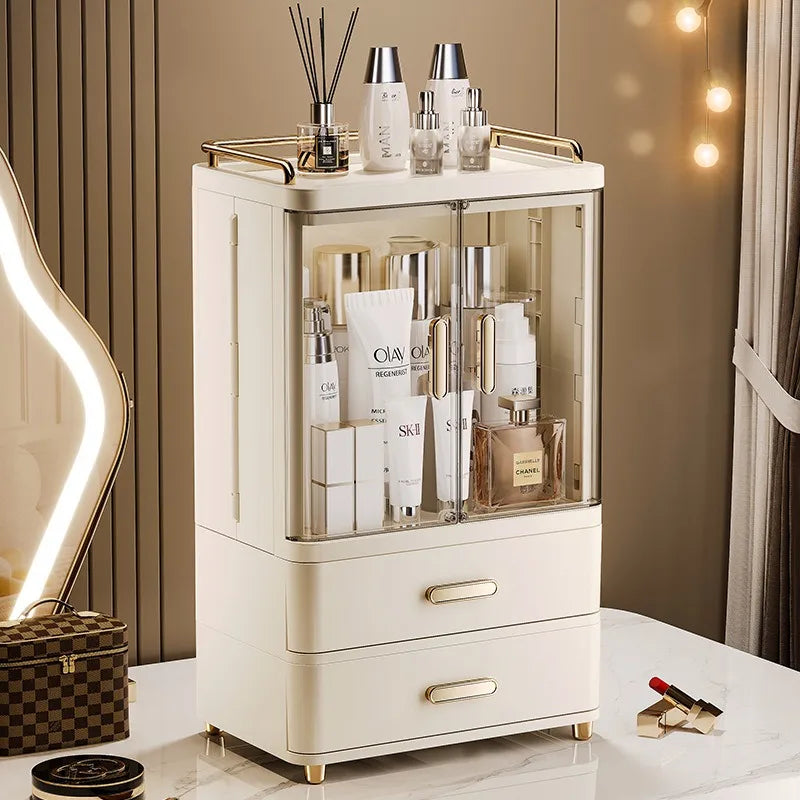 boîte rangement cosmétique beige moderne pieds dorés étuis produits flacons parfum bouteilles lotion brosse