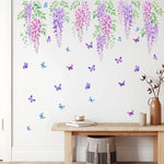 sticker mural décoratif fleurs glycine papillons aquarelle violet rose vert bleu
