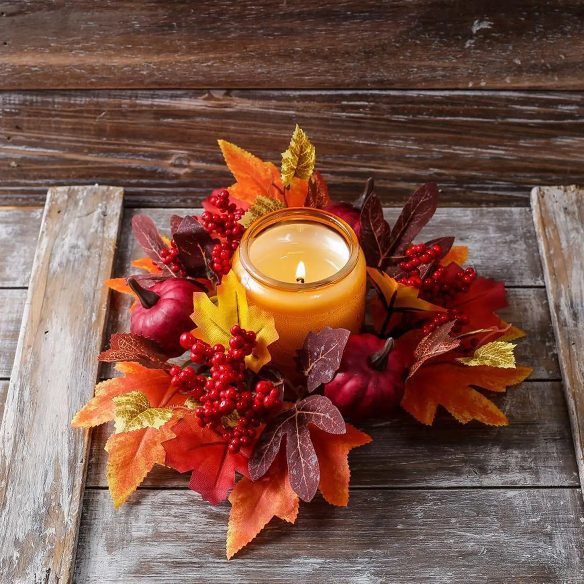décoration automne feuilles d'érable citrouilles bougies décoratives extérieures orangées rouges jaunes vertes saisonnières