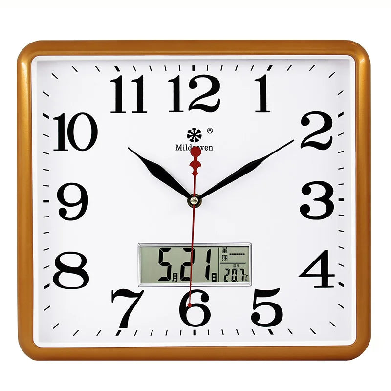 horloge murale carrée quartz aiguille classique cadre marron cadran blanc salon cuisine decoration murale