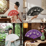 éventail traditionnel rouge noir fleurs blanches clips pompon danse mariage pliant décoratif