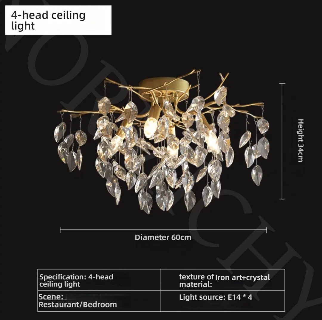 lustre cristal moderne élégant doré feuilles stylisées lumière froide naturelle chaude chambre salon