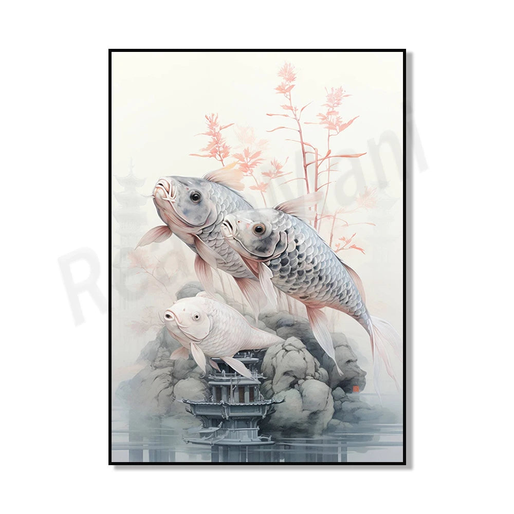 Magnifiques carpes koi nageant dans une scène paisible avec des fleurs de cerisier en arrière-plan.