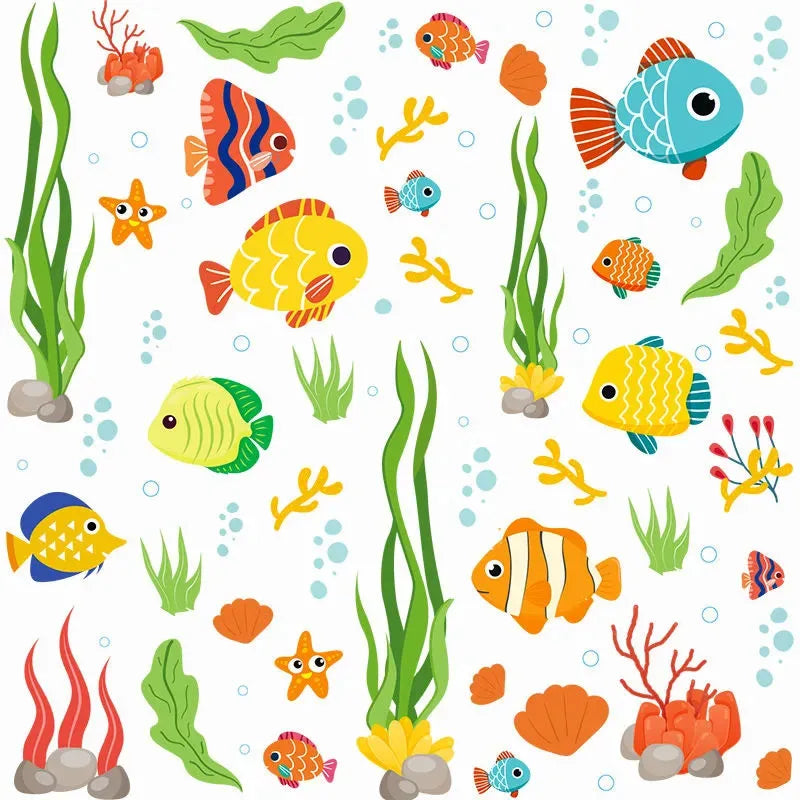 sticker mural marin dessin animé poissons algues coraux coquillages multicolore décoration salle bains