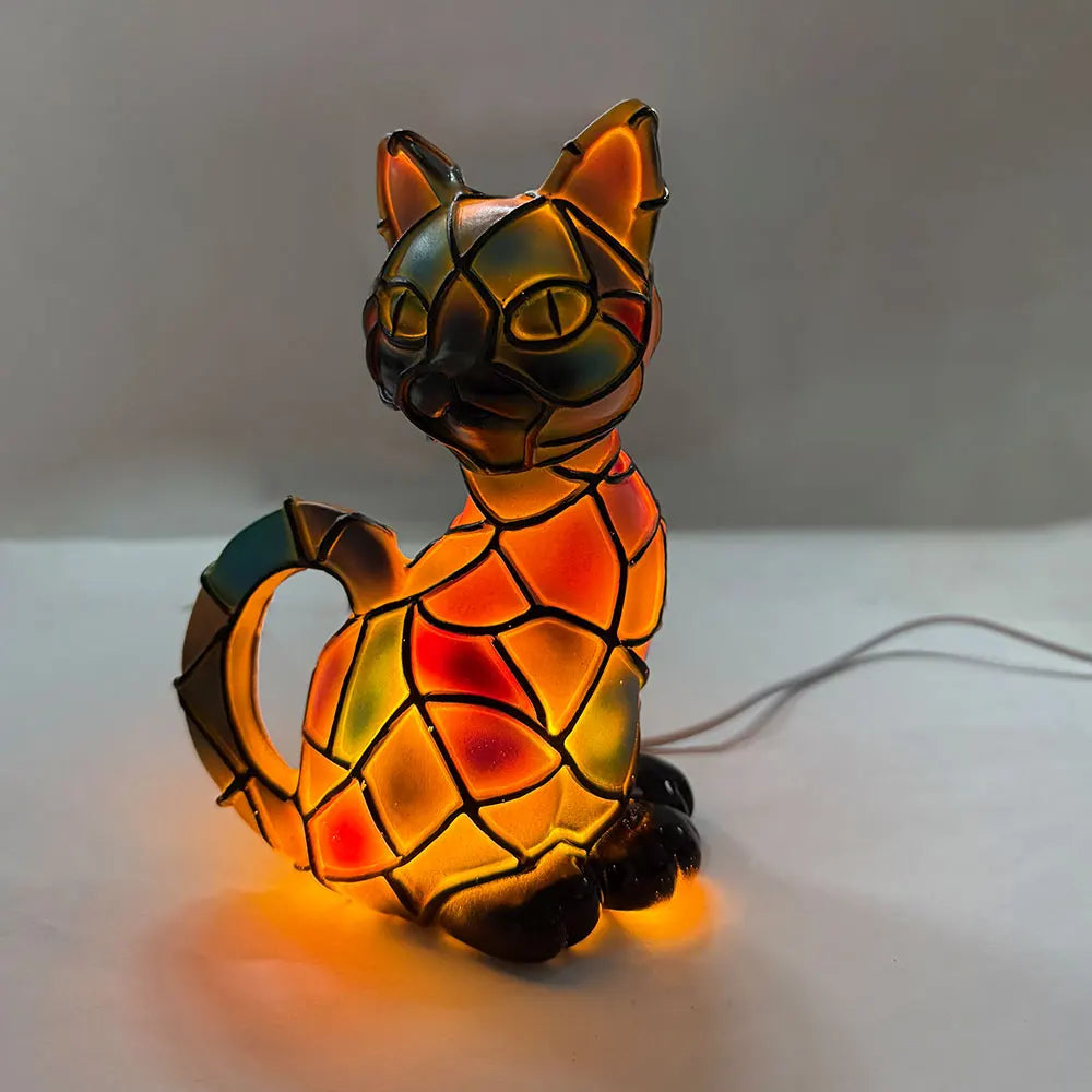 lampe résine forme chat led couleur multicolore art deco tiffany chambre coucher usb alimentation