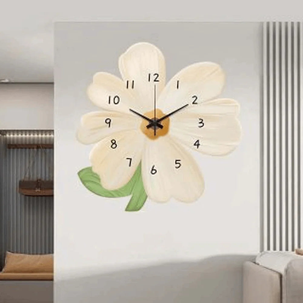 horloge murale moderne fleurs stylisées orange blanc jaune verte 30cm sans fixation