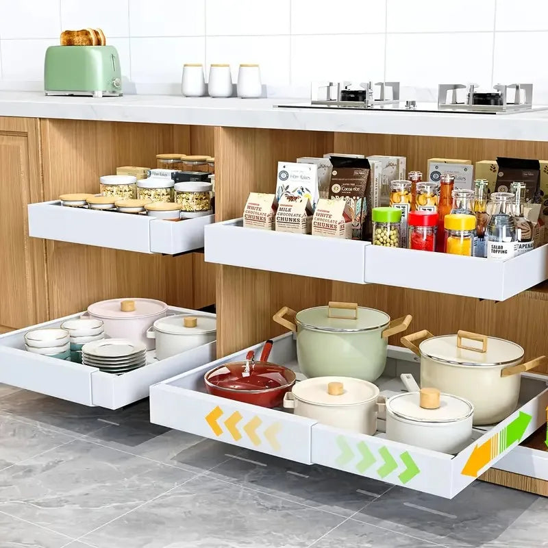 rangements coulissants blancs moderne casseroles épices condiments cuisine plateaux métal rails blanc argenté rouge