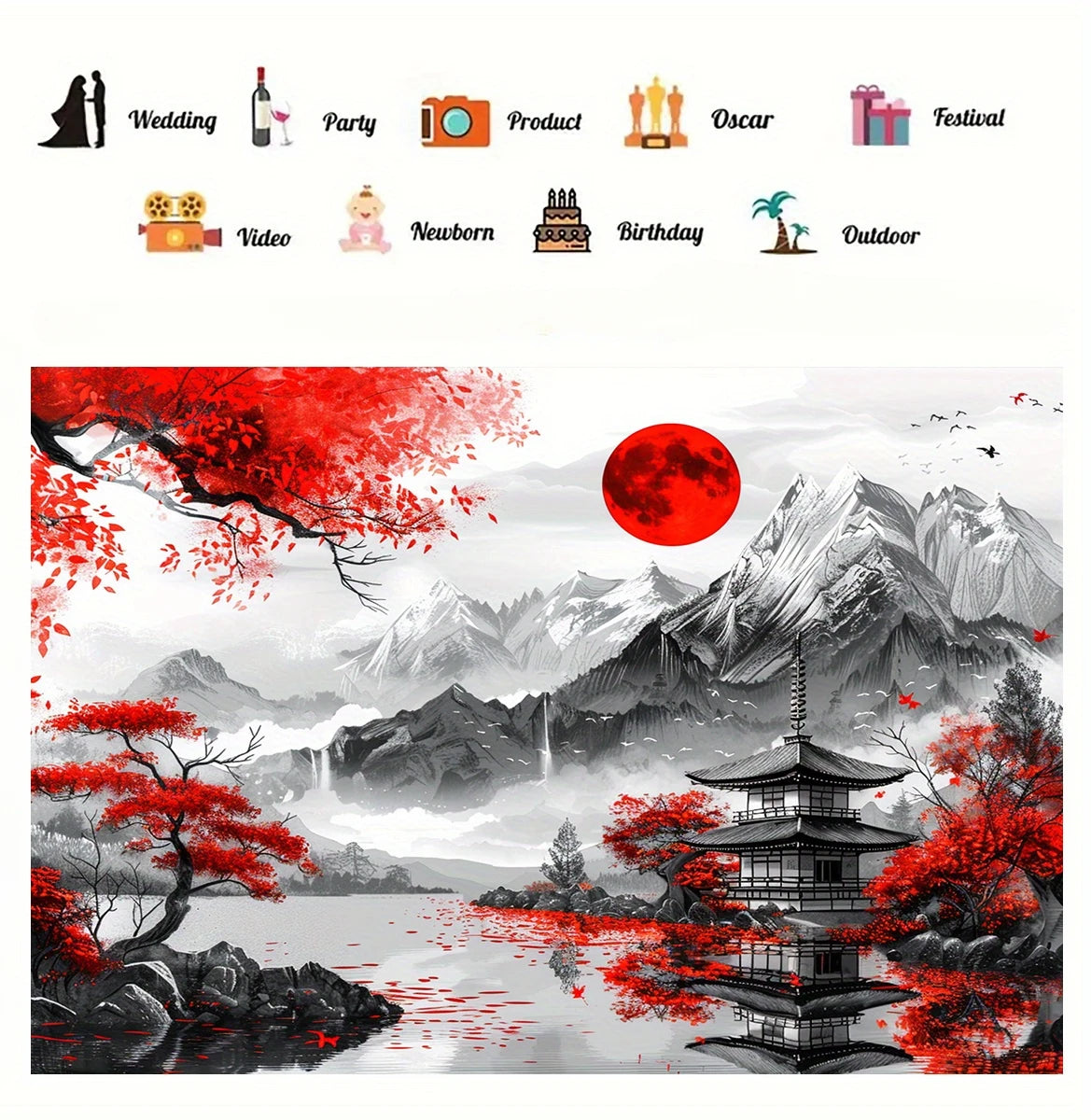 toile d'art paysage oriental blanc gris rouge peinture traditionnelle clips 150x200cm 180x280cm 150x300cm