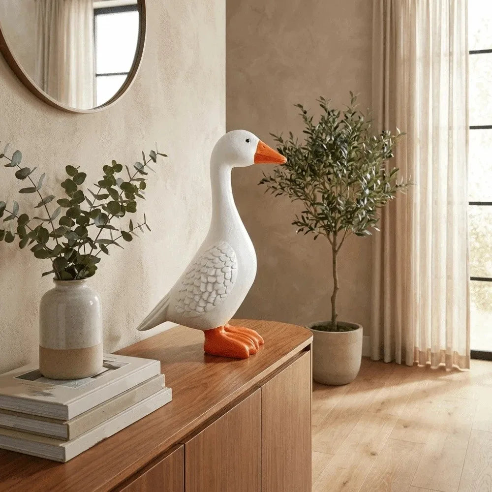 statue canard blanc plumes texture lisse tête bec orange moderne intérieur extérieur jardin