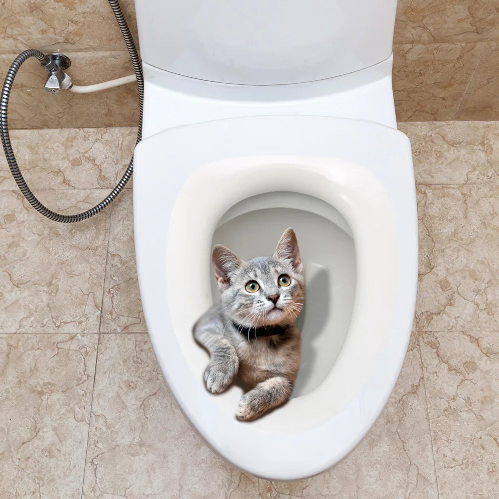 autocollant mural chat toilette gris beige décoration salle bain résistant eau pose facile dimension
