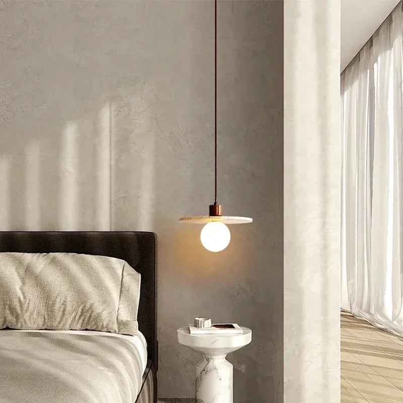 lampe suspendue moderne pierre travertine verre translucide chaîne métallique marron clair 30cm chambre salon