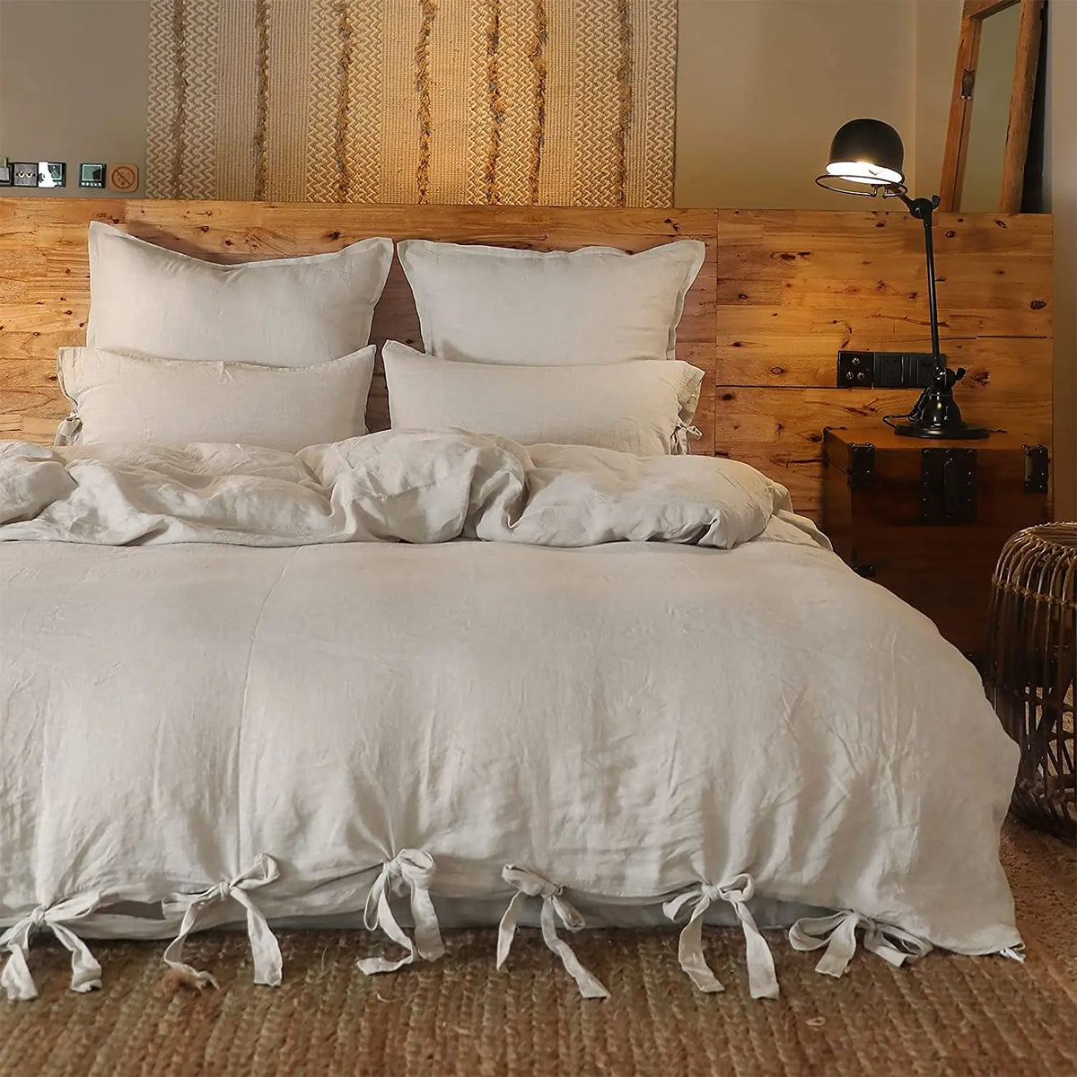 housse couette lin 100% pièces taies d'oreiller beige clair literie confortable douce rustique minimaliste