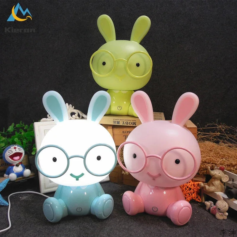 lampe table forme lapin bleu blanc rose vert lunettes sourire mignon led