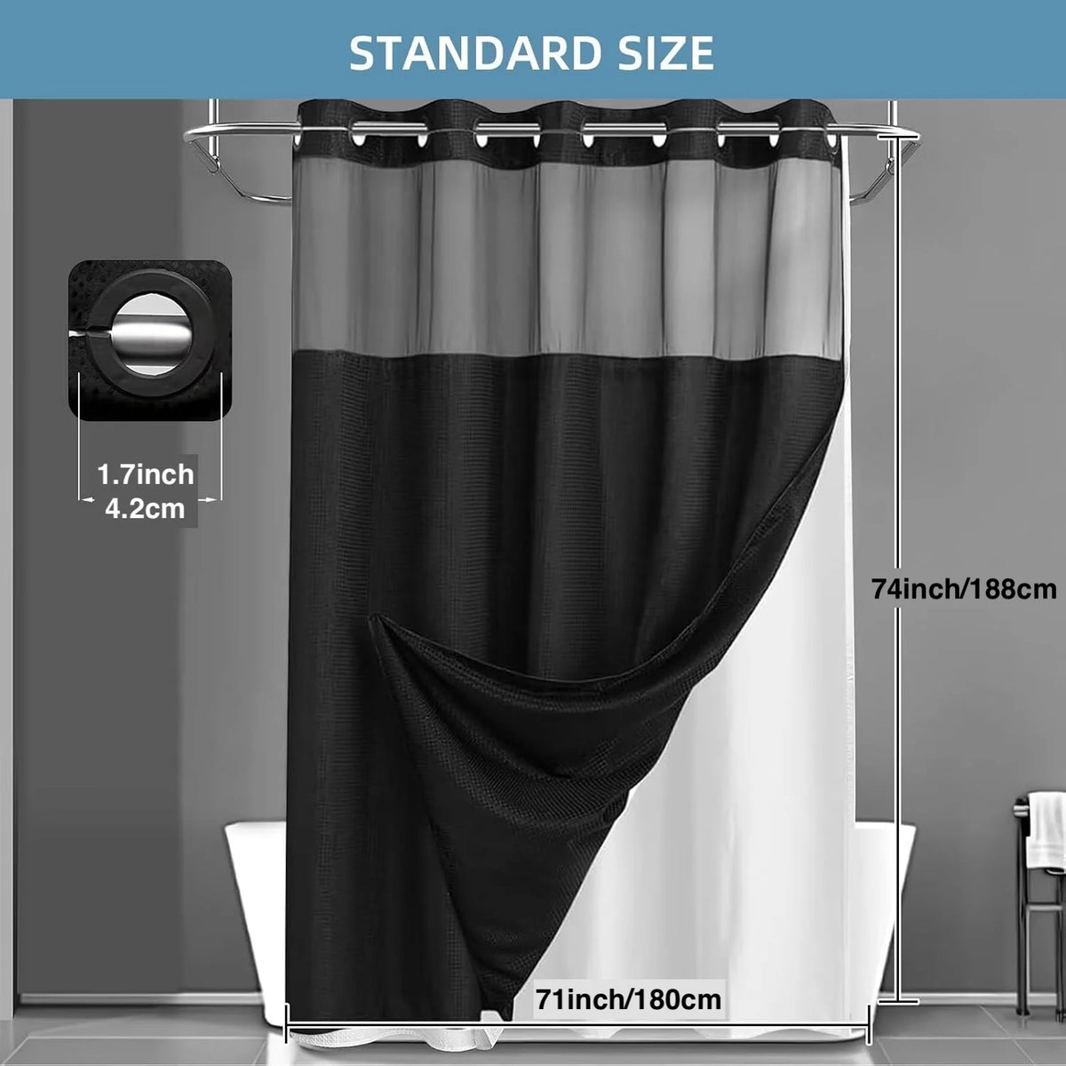 rideau douche moderne noir gris clair texture relief aimants lestés liner intégré tissu opaque