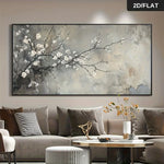toile peinte fleurs blanches abstrait moderne gris blanc salon grande taille horizontal