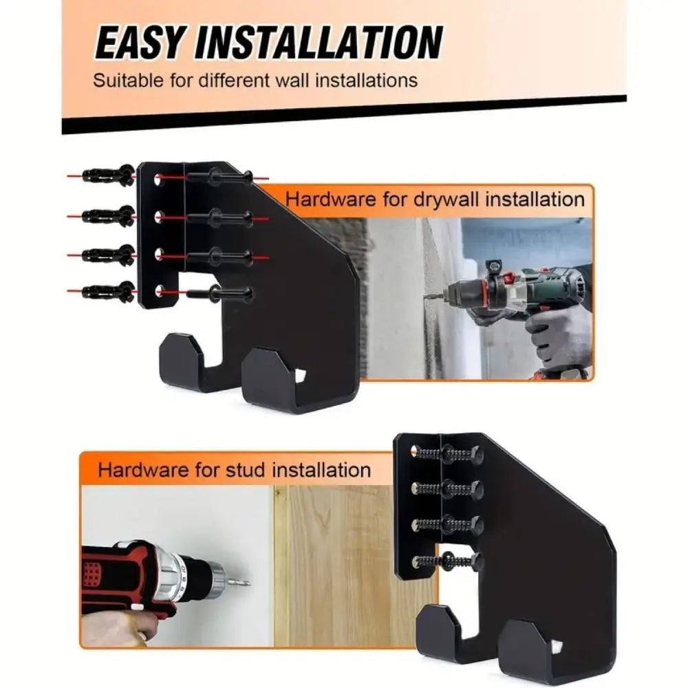 support mural industriel noir orange outils jardin vis cheville fixations robustes tronçonneuse pelles multifonctionnels