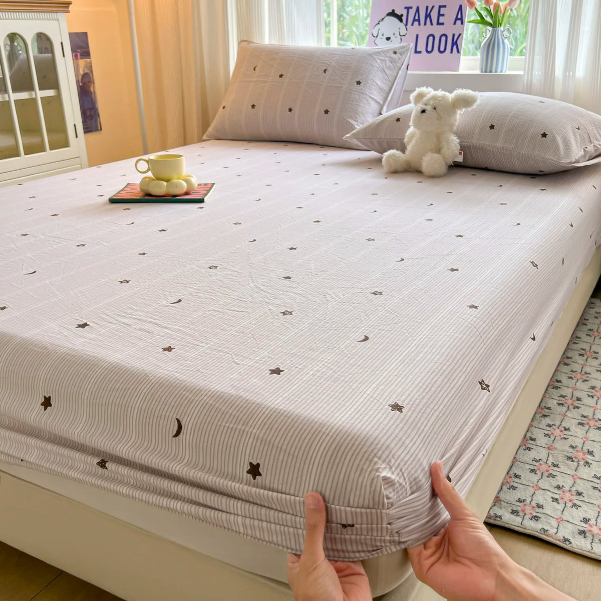 draps lit rayés gris moderne élastique coton polyester adultes housse lit coussins tasse plateau