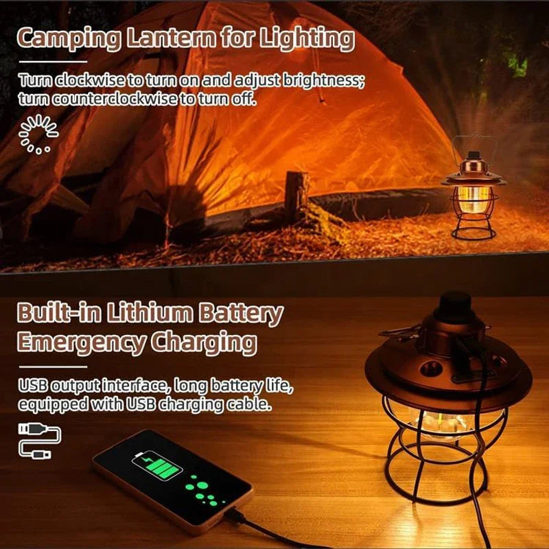 lanterne camping vintage led recharge usb portable métal noir blanc bronze