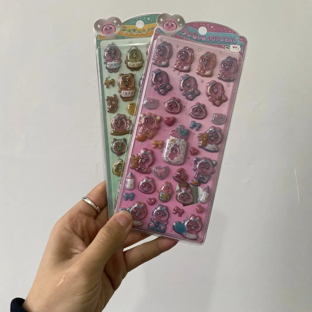 autocollants animaux mignons coeurs étoiles cartoon opaques beige rose vert clair enfants DIY
