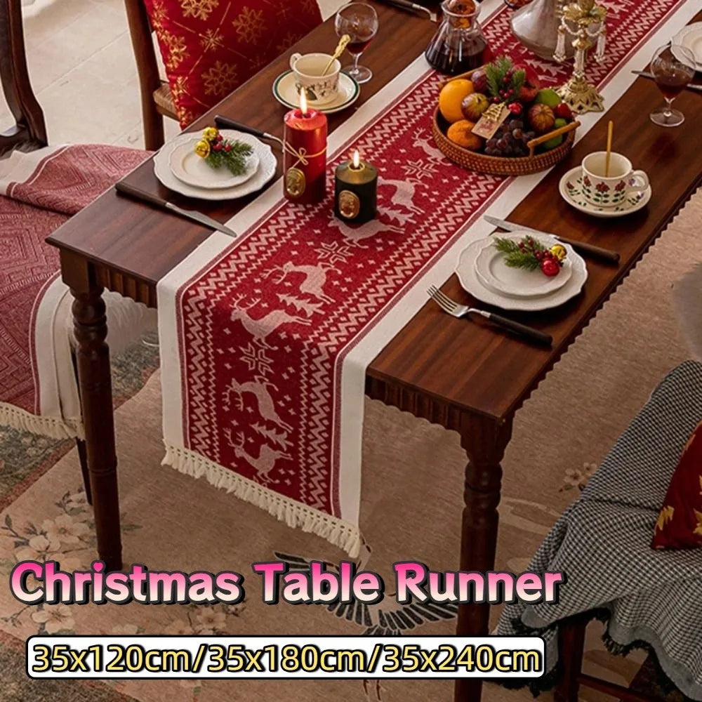 table noël chemin rouge motifs rennes sapins étoiles traditionnel festif coton polyester