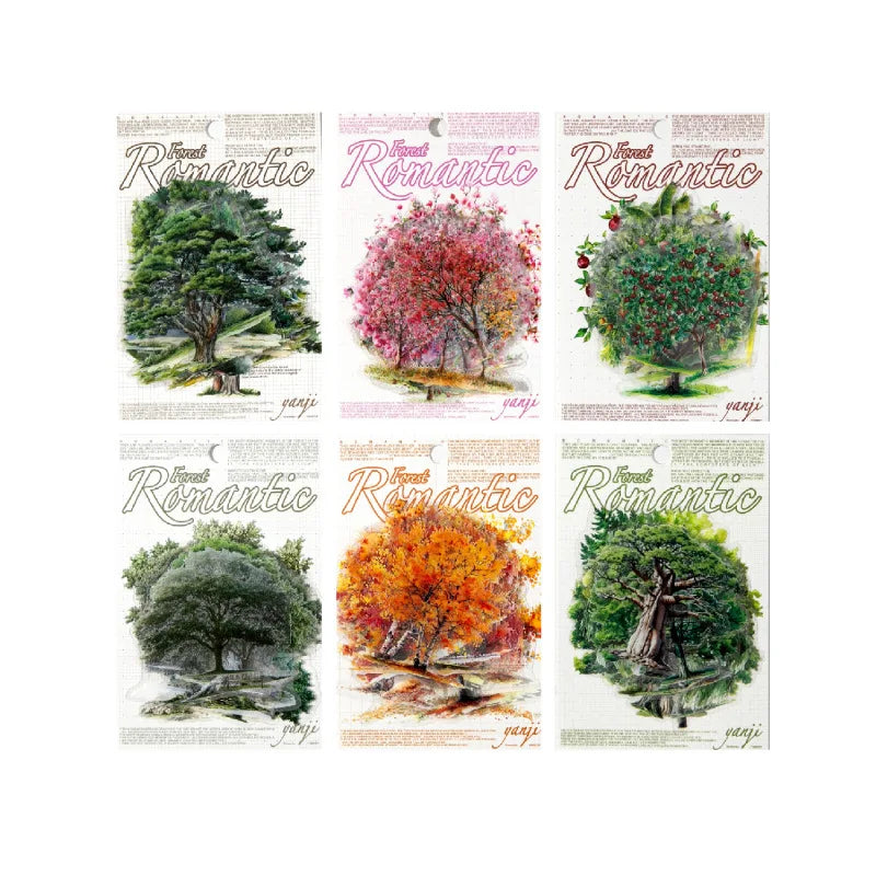 sticker illustration arbres divers couleurs feuillage adhésif album photo créatif vert rose blanc