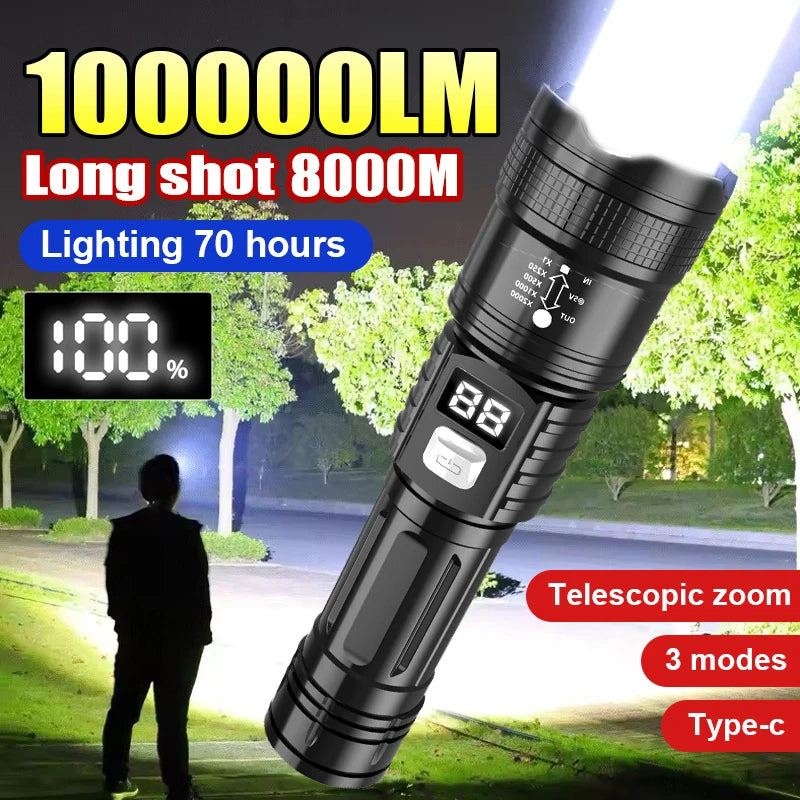lampe torche noire led rechargeable zoom affichage batterie modes lumière camping