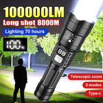 torche led rechargeable super lumineuse 10000lm noir texturée affichage batterie étanche camping